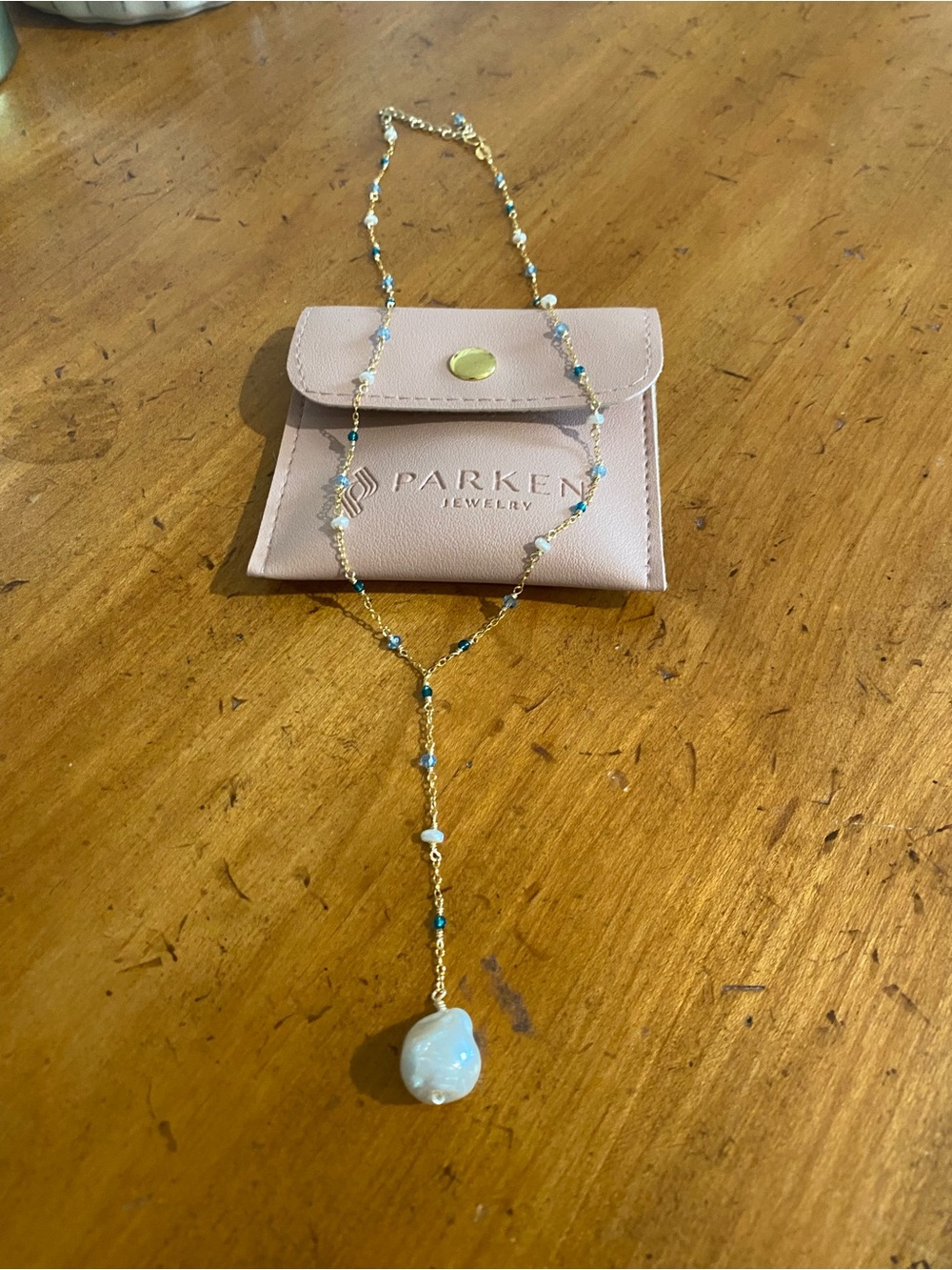 Parken Pearl Gossamer Gold-Plated Lariat Necklace Blue Beads/White Pearl Pendant